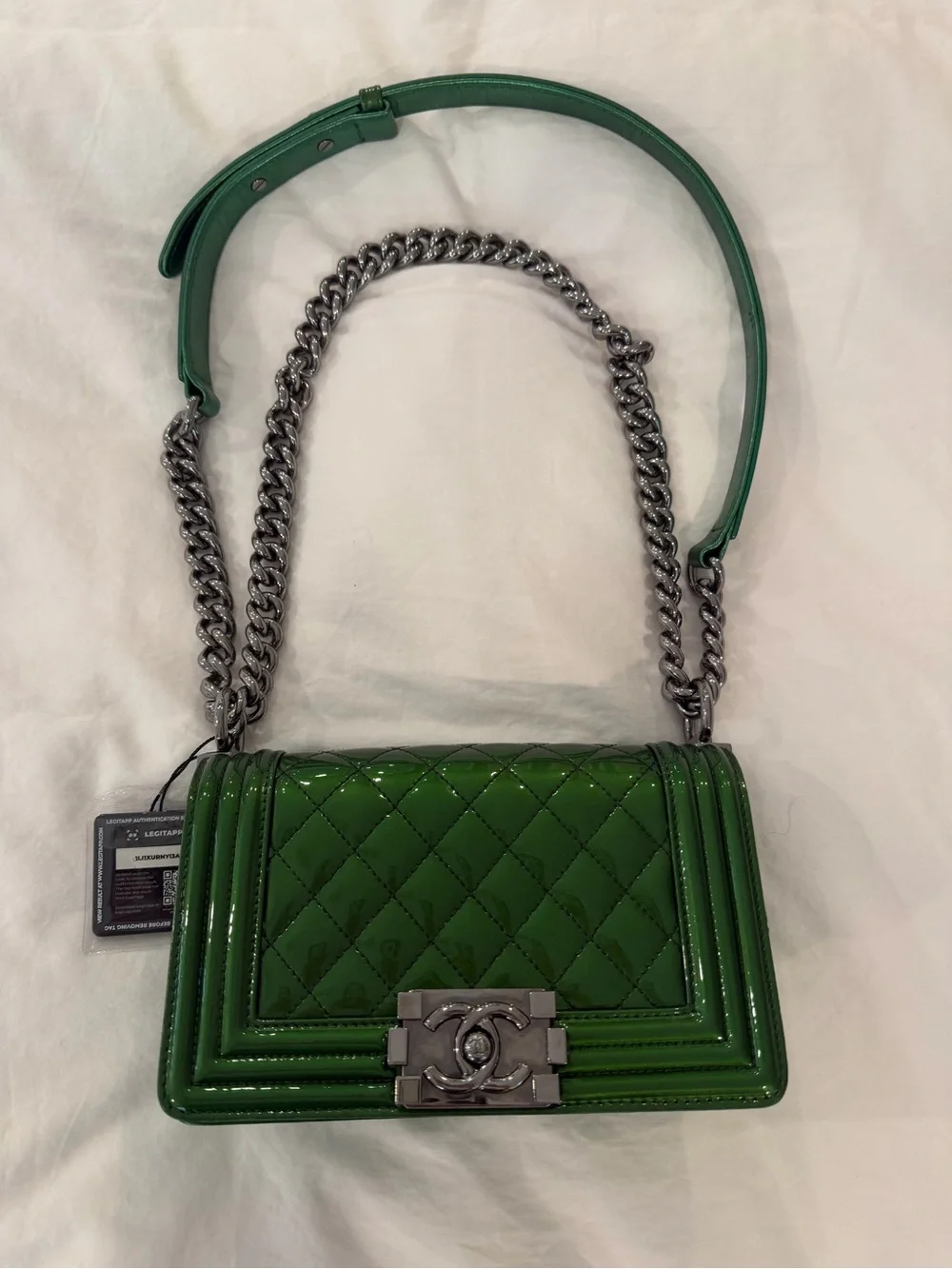 CHANEL Green Quilted Patent Leather Boy Bag with Silver Chain
